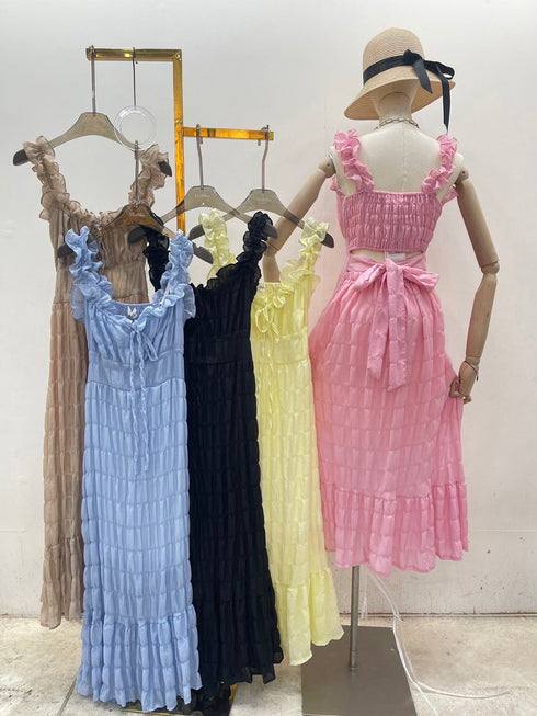 Summer Trendy  Back Hollow Out Tie Lace Long Dresses
